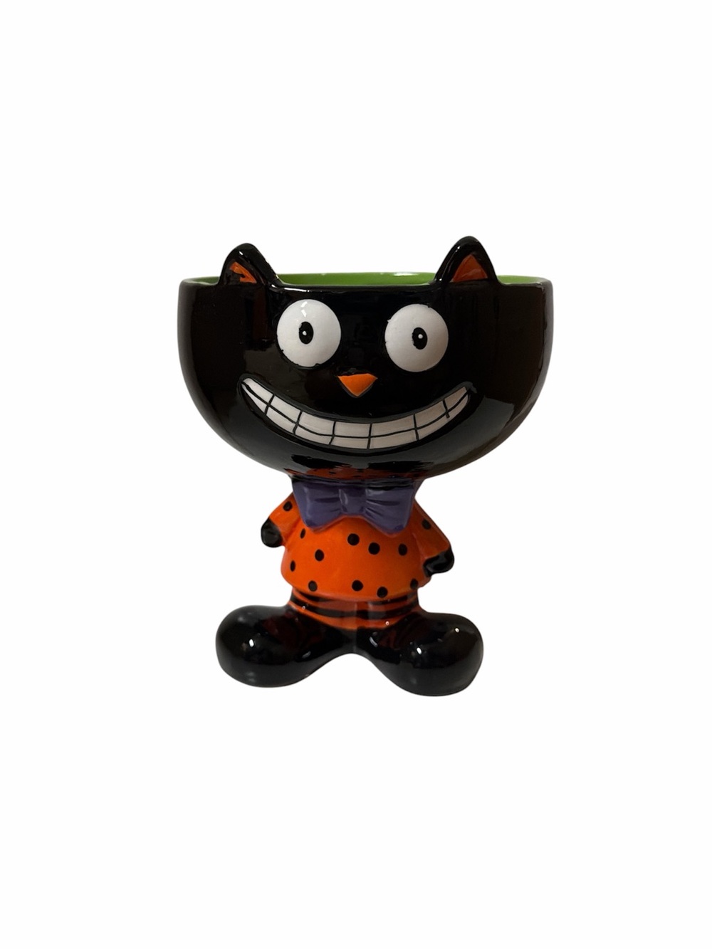 Halloween Black Cat Candy Bowl Holder Orange Polka Dot Bow Tie 6.5in Tall Decor